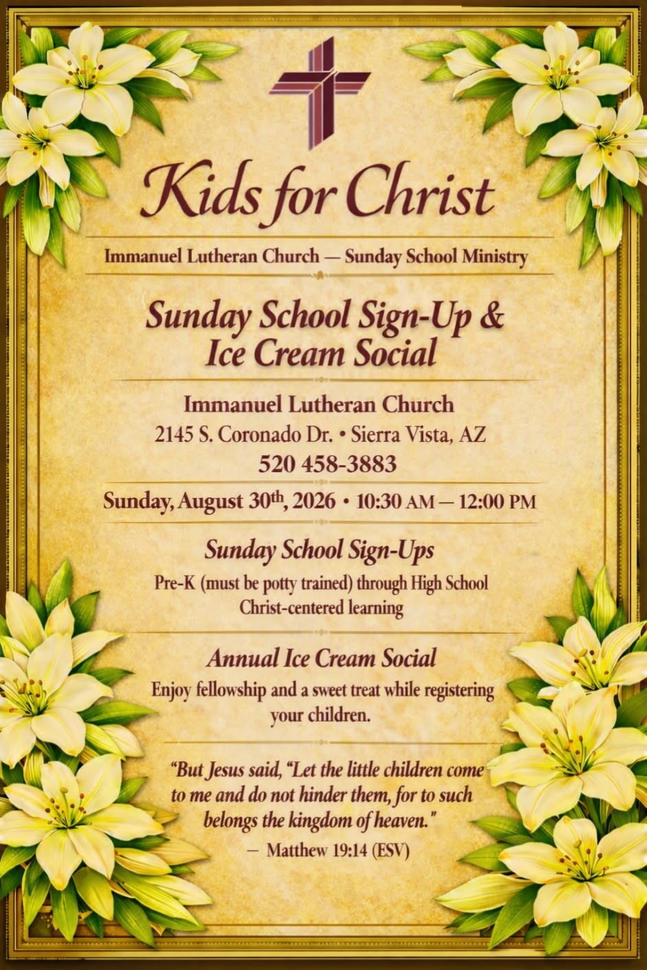 Kids for Christ Sunday School sign-up and ice cream social flyer, Sunday August 30 at 10:30 AM