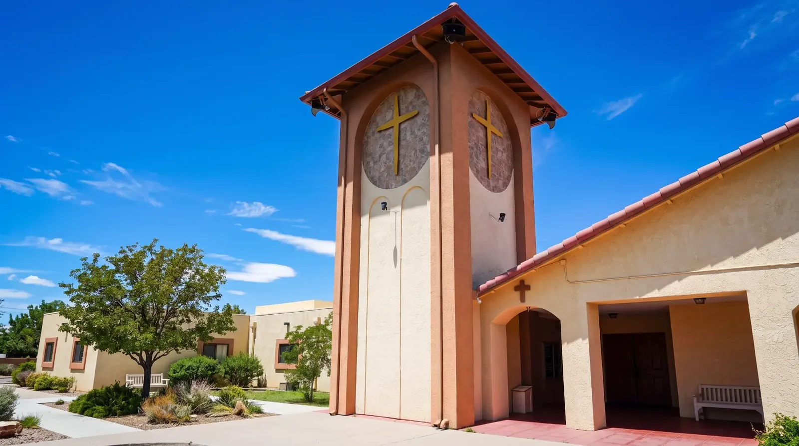 Bell tower and entrance of Immanuel Lutheran Church in Sierra Vista, Arizona