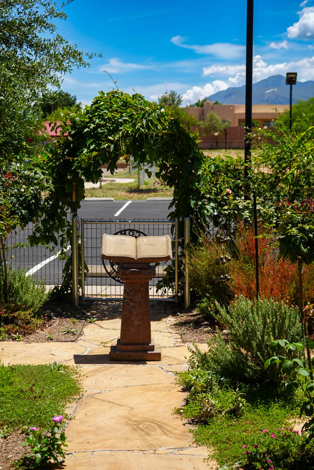 Prayer garden with open Bible sculpture at Immanuel Lutheran Church